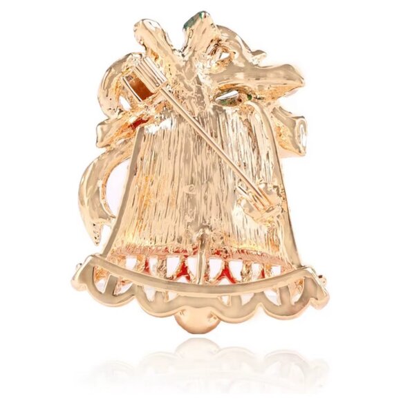 ❤️5/$15💚 Gold Tone Christmas Bell Pin Brooch with Rhinestones - Picture 2 of 3